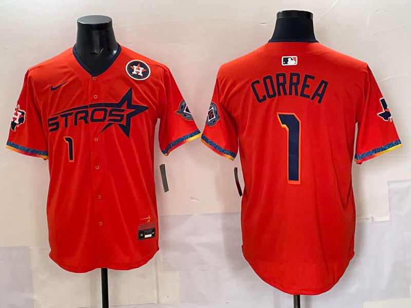 Men 2025 Houston Astros 1 Correa Orange Four generations Joint Name Nike MLB Jersey style 01